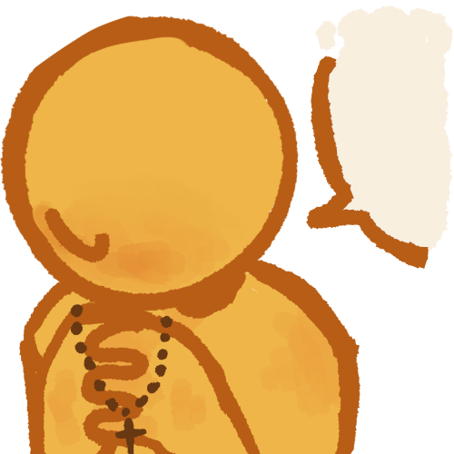 a yellow figure with folded hands and a blank speech bubble coming from them. over their folded hands is a beaded cross necklace